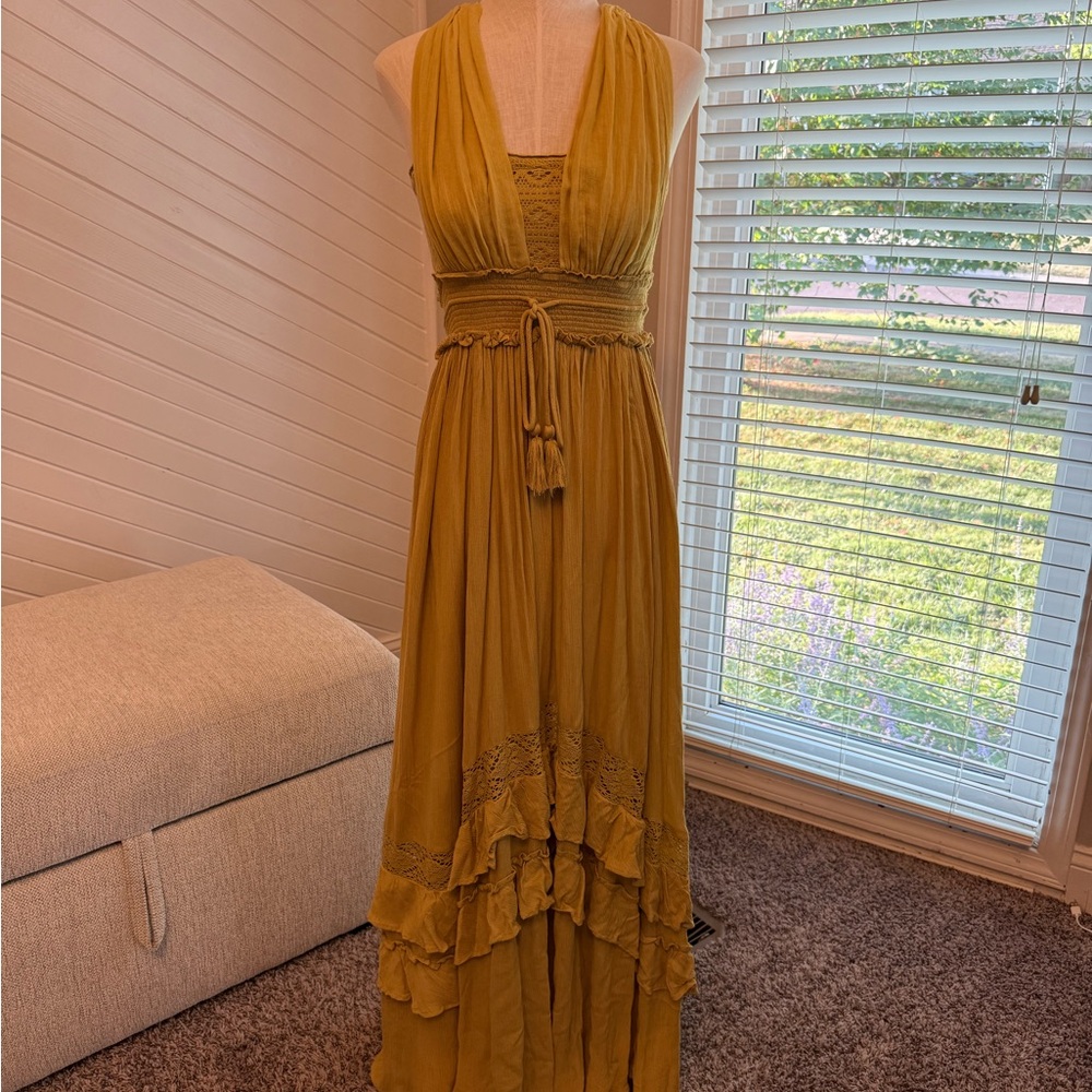 Free People Santa Maria Mustard Yellow/Gold Maxi Dress.